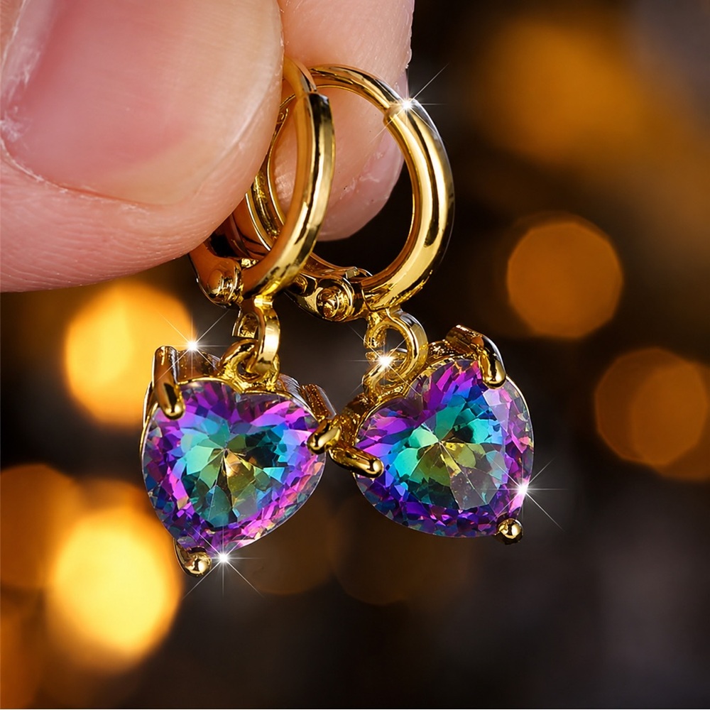 Gold Colorful Mystic Topaz Heart Drop Earrings